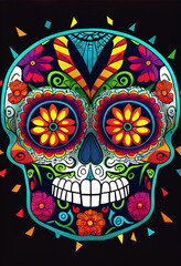 Rendered Calavera (Sugar Skull) in a modern style mixed with tradition for Dia de Los Muertos (Day of the dead). Flowers and skeleton computer generated to replicate photorealism and hyperrealism