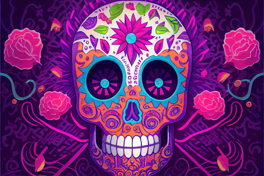 Rendered Calavera (Sugar Skull) in a modern style mixed with tradition for Dia de Los Muertos (Day of the dead). Flowers and skeleton computer generated to replicate photorealism and hyperrealism