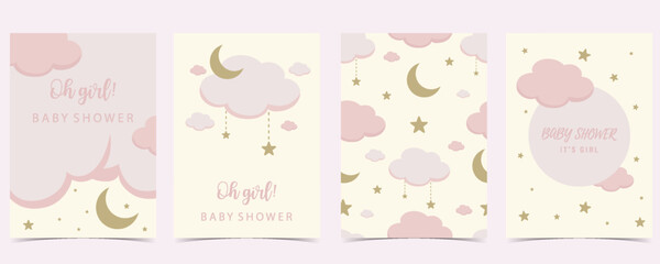 Fototapeta na wymiar Baby shower invitation card for girl with balloon, cloud,sky, pink