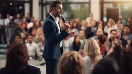 Wide shot of man giving a speech on stage during a seminar. 