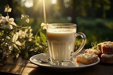 Serene morning scene, coffee, milk, foam, and bokeh create a harmonious blend. Generative AI