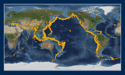 Earthquakes and boundaries on the world satellite map - 180 PM. Patterson Cylindrical © Yarr65