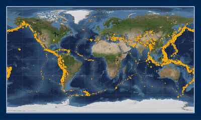 Earthquakes on the world satellite map - 0 PM. Patterson Cylindrical