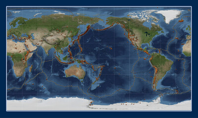 Volcanoes and boundaries on the world satellite map - 180 PM. Patterson Cylindrical