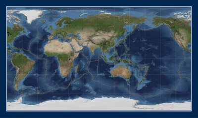 Tectonic plate boundaries on the world satellite map - 90 PM. Patterson Cylindrical