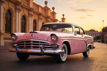 Vintage pink car wallpaper, a timeless charm in a retro urban setting. Generative AI