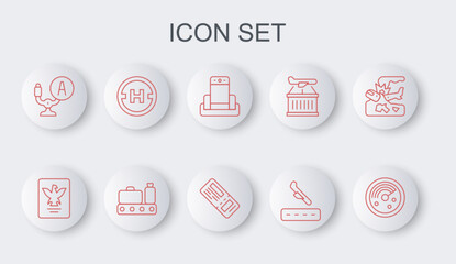 Set line Radar with targets on monitor, Passport, Metal detector in airport, Plane landing, Aircraft steering helm, Helicopter pad, Conveyor belt suitcase and Airline ticket icon. Vector