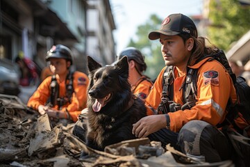 USAR (Urban Search and Rescue), along with their K9 search and rescue dogs. mobilizing to search for earthquake survivors amid the rubble of a collapsed building. Generated with AI