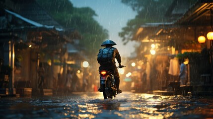 Obraz premium Human Daily Life on Rainy Day. Enjoying Rainfall and Happy Life, Lively Rainy Season Concept. Generative Ai
