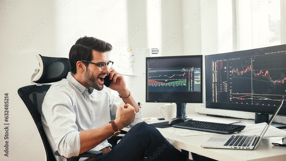 Poster success happy bearded businessman or trader in formalwear and eyeglasses is talking with client and 