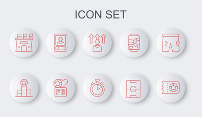 Set line Football or soccer ticket, Award over sports winner podium, player, field, stadium, card, Fan club football and Stopwatch icon. Vector