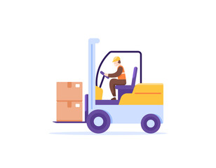A man operates a forklift to lift and move materials or boxes. Operator forklift. Labor or industrial and project workers. industrial trucks. occupation and profession. Flat, minimalist illustration