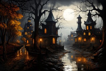 Fototapeta na wymiar Medieval Townscape on Halloween Night in October, Autumn Season with Black, Orange, and Eerie Glow.