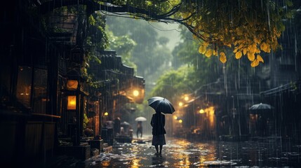 Human Daily Life on Rainy Day. Enjoying Rainfall and Happy Life, Lively Rainy Season Concept. Generative Ai