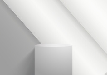 gray 3D cylinder stand podium with triangle overlap background. Abstract minimal scene for mockup products, Round stage for showcase, promotion display.