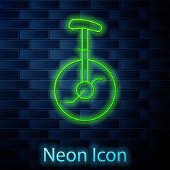 Glowing neon line Unicycle or one wheel bicycle icon isolated on brick wall background. Monowheel bicycle. Vector