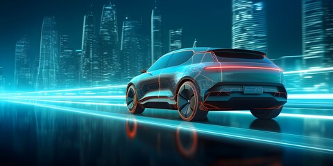 Riding wireframe car concept on the road and futuristic city on the background. Back view of SUV car. Professional 3d rendering of own designed generic non existing car model.