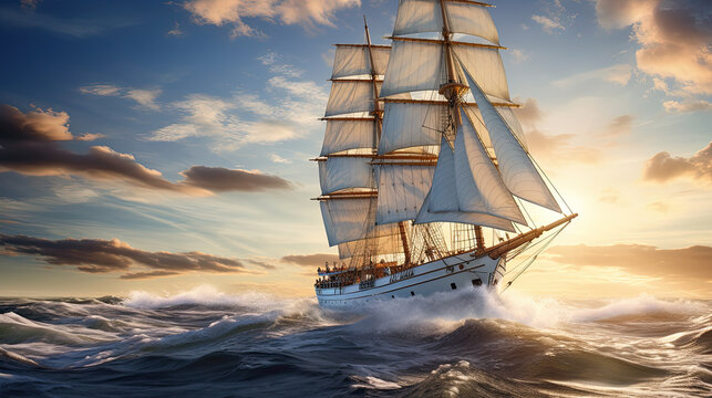 A majestic schooner is sailing on the vast ocean