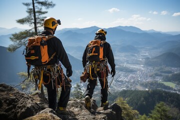 Obraz premium High-altitude rescue personnel use rope systems to rescue people in distress. Generated with AI