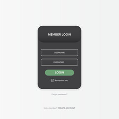 Dark grey Login form web page design template or mock up. Mobile website ui vector elements set.