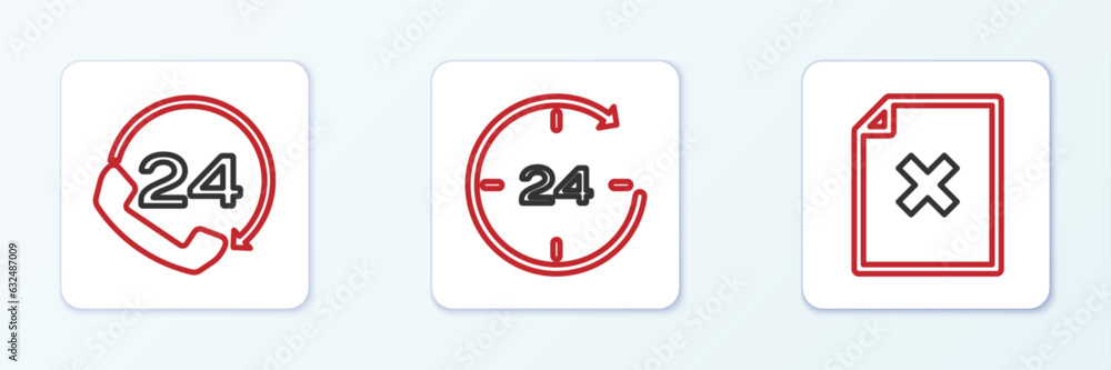 Poster set line delete file document, telephone 24 hours support and clock icon. vector