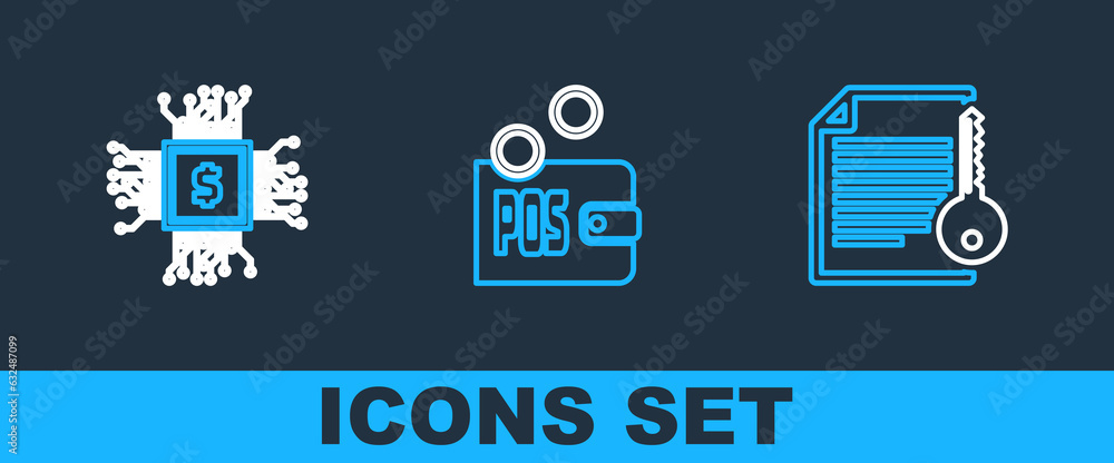 Poster set line smart contract, cpu mining farm and proof of stake icon. vector