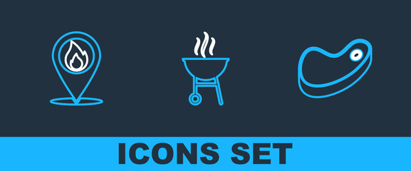 Set line Steak meat, Location with fire flame and Barbecue grill icon. Vector