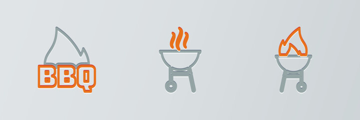 Set line Barbecue grill, fire flame and icon. Vector