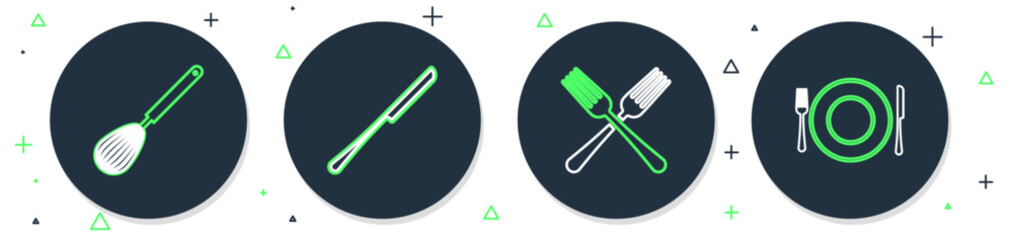 Set line Knife, Crossed fork, Kitchen whisk and Plate, and knife icon. Vector