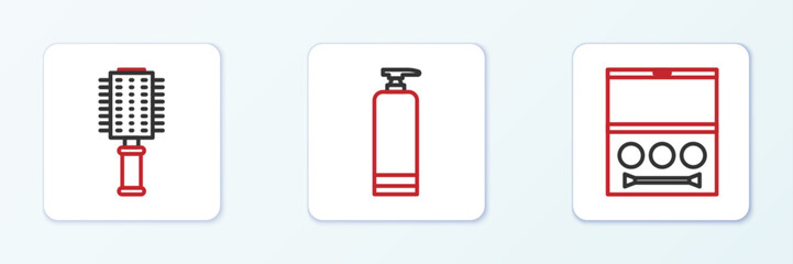 Set line Eye shadow palette, Hairbrush and Cream cosmetic tube icon. Vector