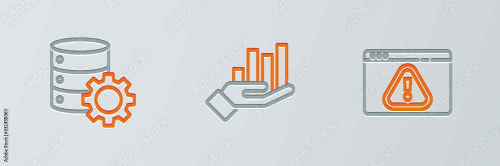 Poster set line browser with exclamation mark, server and gear and pie chart infographic icon. vector