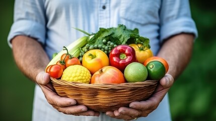 Man Holding Basket of Fruits, Farmer presenting Fresh Fruits, Healthy Food Rich in Vitamins. Generative Ai