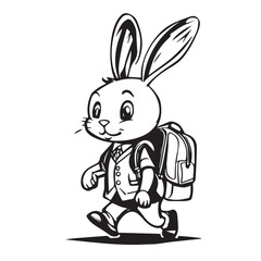 Fototapeta na wymiar Cute rabbit with backpack goes to school or college, flat vector illustration isolated on white background. Cute scketch character design. Rabbit schoolboy in funny is coming. Simple line stickers