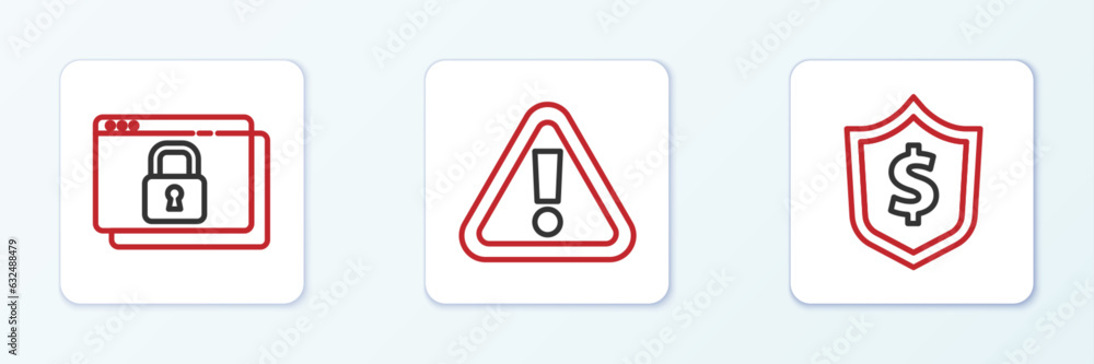 Poster set line shield with dollar, secure your site https, ssl and exclamation mark in triangle icon. vect