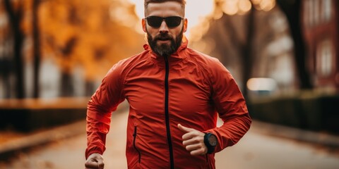 A man in a red jacket and sunglasses is running. AI.