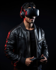 Gamer boy using a VR goggles, black background, Generative AI
