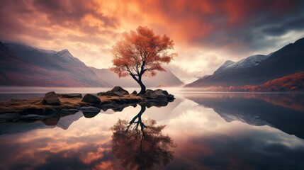 Photo of a solitary tree reflected in a serene lake created with Generative AI technology - Powered by Adobe