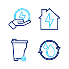 Fototapeta premium Set line Recycle clean aqua, Trash can, House and lightning and Lightning bolt icon. Vector