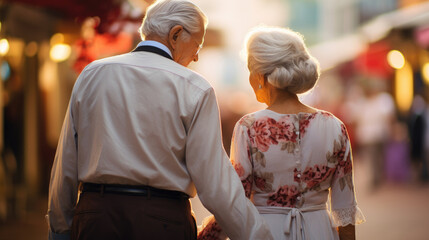 The happy Caucasian senior couple walks in a city street in the evening, journey together concept, Generative AI.