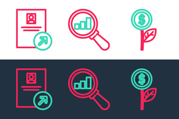 Set line Dollar plant, Job promotion and Magnifying glass and analysis icon. Vector
