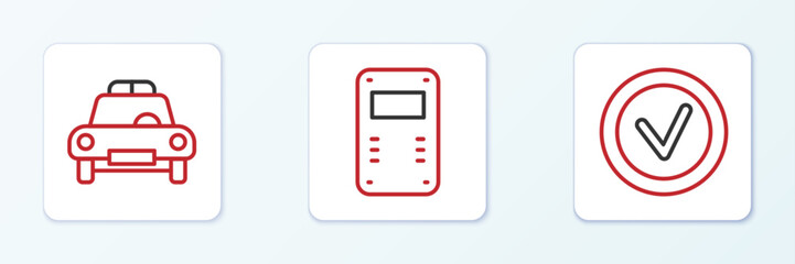 Set line Check mark in round, Police car and flasher and assault shield icon. Vector