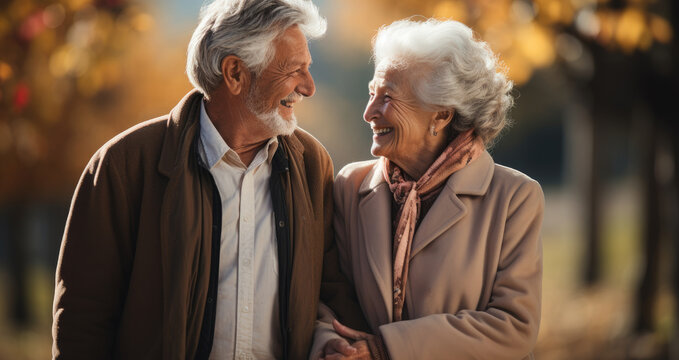 Happy Retired Mature Couple On Vacation, Holding Hands And Walking Together, Generative AI.