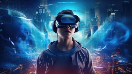 Obraz premium Experiencing virtual reality, a boy using VR goggles, Generative AI.
