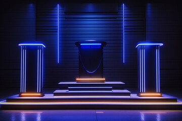 Podium with Electric blue neon lights. Podium with Cobalt blue neon lights. Podium with  Neon green neon lights. Generate AI
