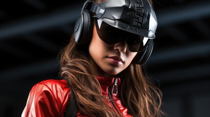 Portrait of a woman wearing a futuristic cap with shades and a headphone, Generative AI.