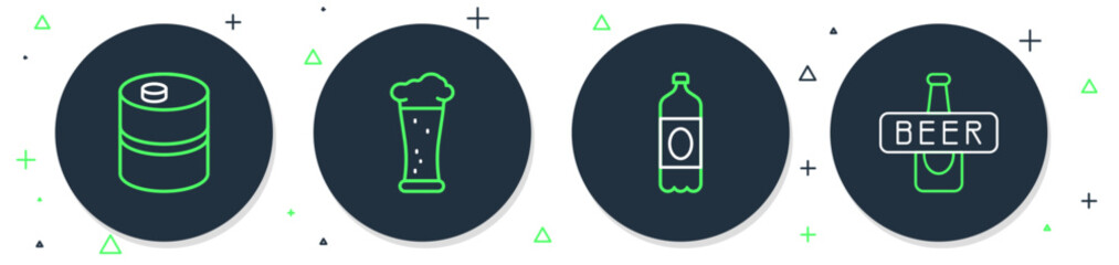 Set line Glass of beer, Plastic bottle, Metal keg and Beer icon. Vector