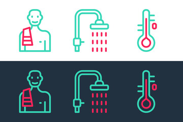 Set line Sauna thermometer, Man in sauna and Shower icon. Vector
