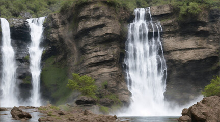 Fototapeta premium Two groups of rock formations standing at a waterfall in the mountain by Generative AI