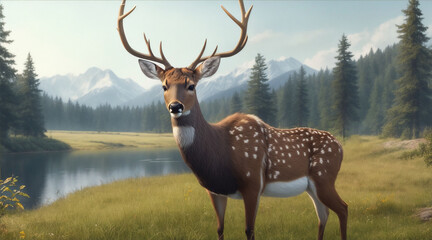 Realistic deer with nature background by Generative AI