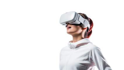 Beautiful teenage girl with a Virtual reality headset, the girl dressed in white against the white background, Generative AI.